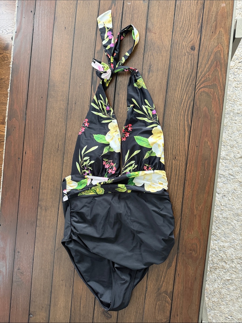Girls' Black Floral Halter One-Piece Swimsuit